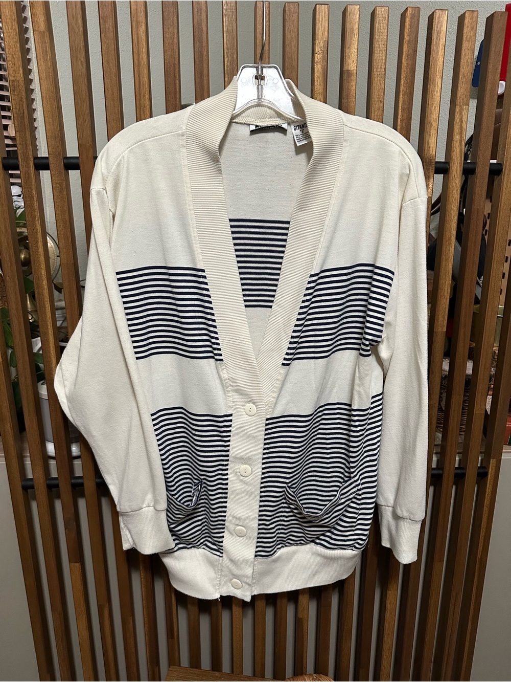 Vintage Gitano Striped Cardigan Sweater Small S Cream Navy Blue Button Up Y2K